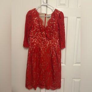 Red Plunge Neck Bishop Sleeve Gown